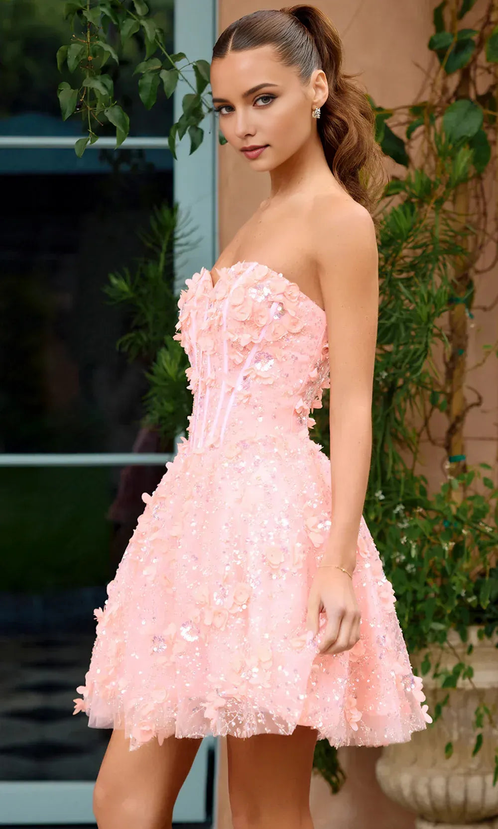 Charming A-Line Strapless Corset Floral Sequin Pink Short Homecoming Dress