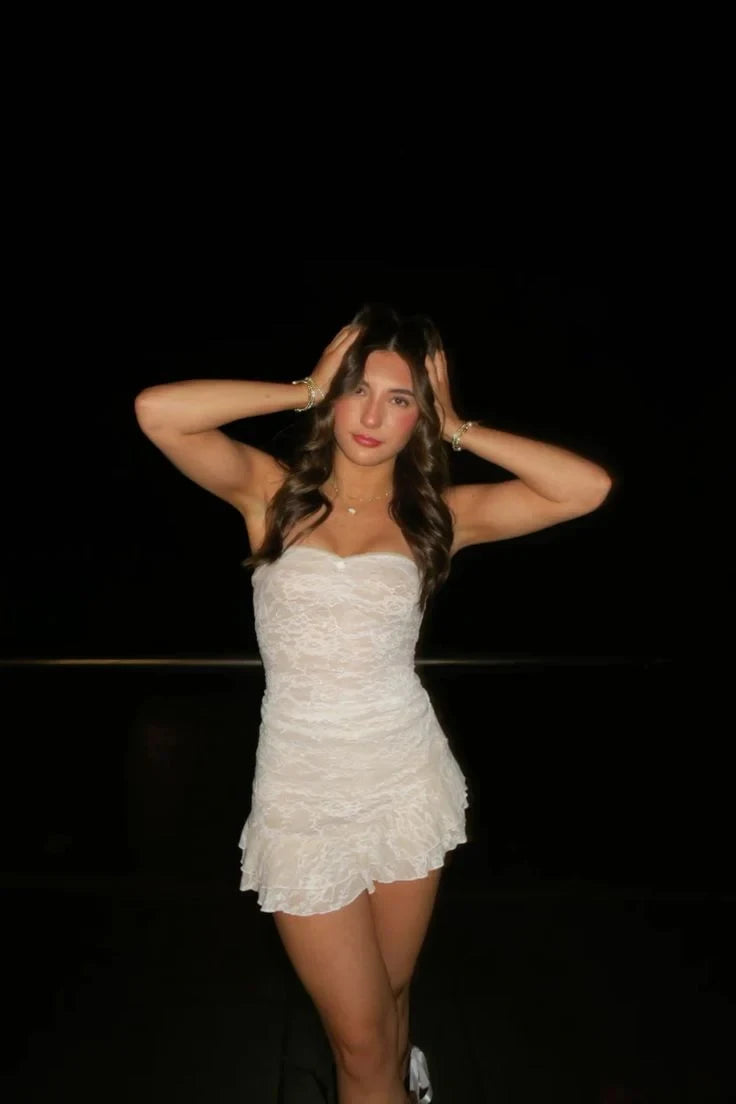 Charming A-Line Strapless Ruffled Hem Lace White Mini Homecoming Dresses