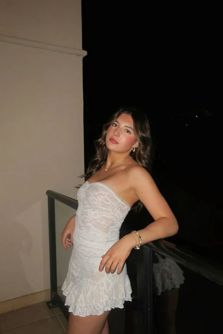 Charming A-Line Strapless Ruffled Hem Lace White Mini Homecoming Dresses