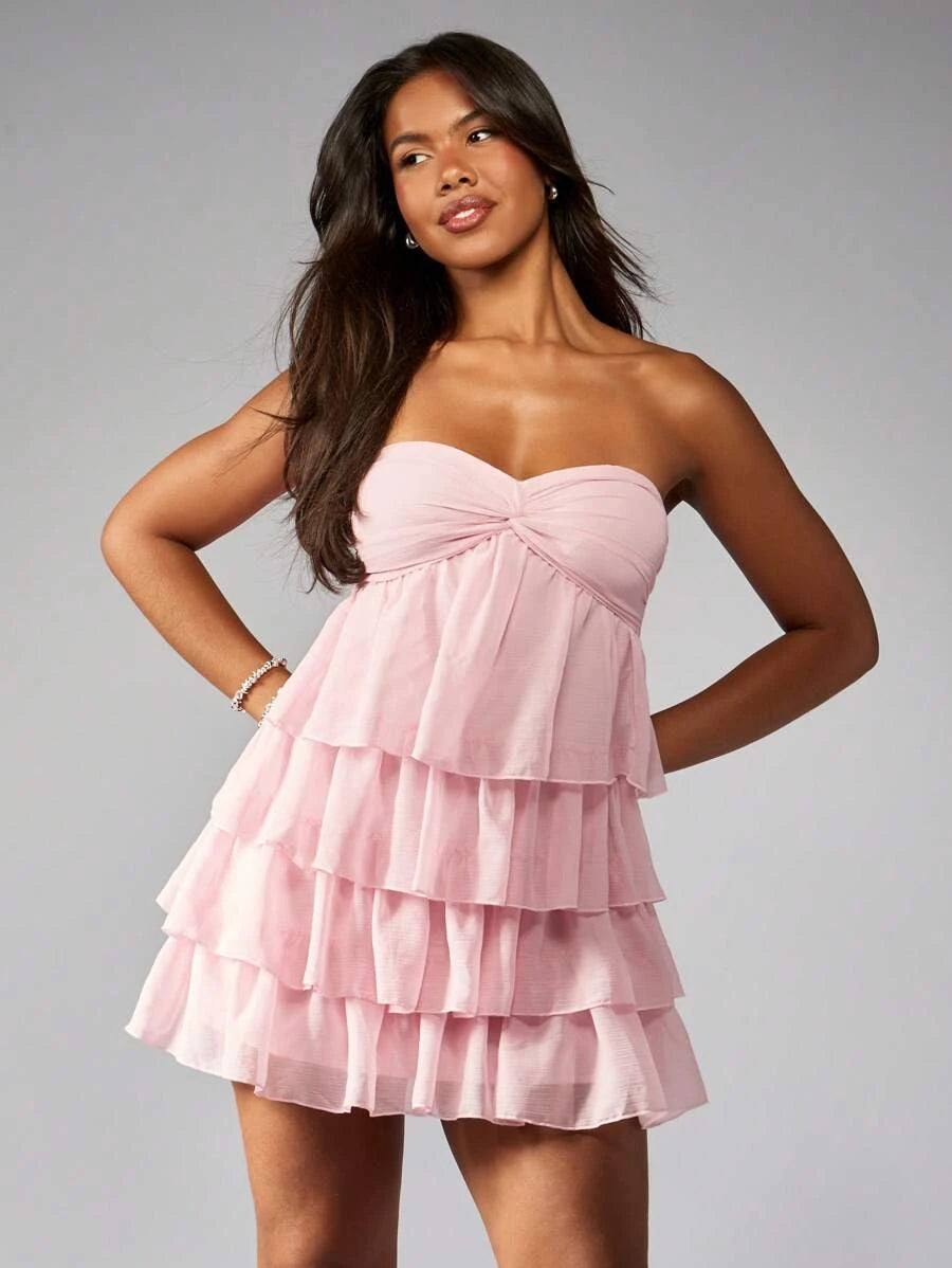 Charming A-Line Strapless Sweetheart Tiered Chiffon Blush Pink Short Homecoming Dress
