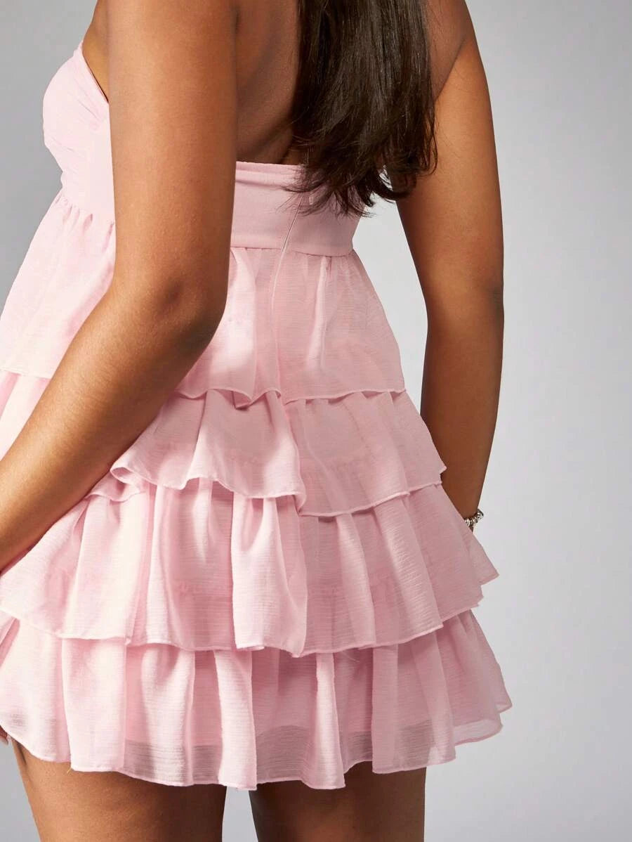 Charming A-Line Strapless Sweetheart Tiered Chiffon Blush Pink Short Homecoming Dress