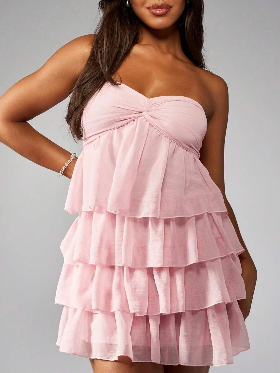 Charming A-Line Strapless Sweetheart Tiered Chiffon Blush Pink Short Homecoming Dress