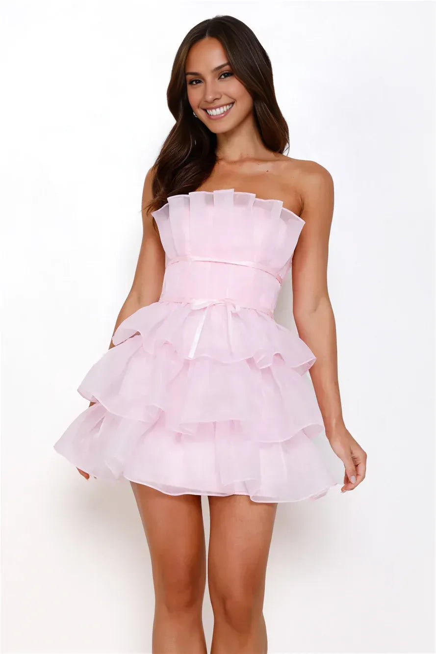 Charming A-Line Strapless Tiered Ruffle Flirty Pink Short Homecoming Dress