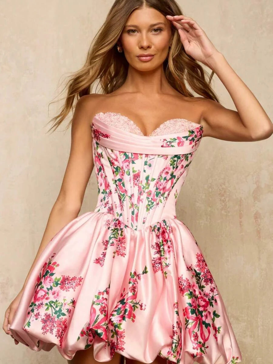 Charming A-Line Sweetheart Corset Bubble Hem Floral Print Pink Short Homecoming Dress