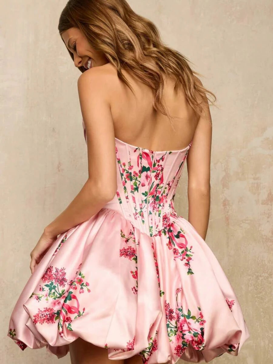 Charming A-Line Sweetheart Corset Bubble Hem Floral Print Pink Short Homecoming Dress