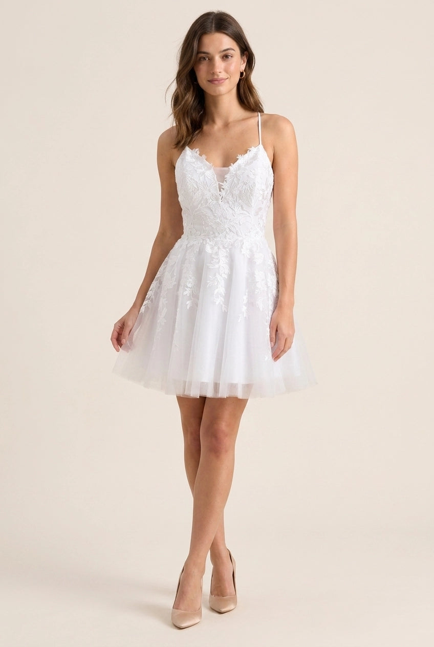 Charming A-Line Sweetheart Lace Applique Tulle Ivory Short Homecoming Dress Handmade
