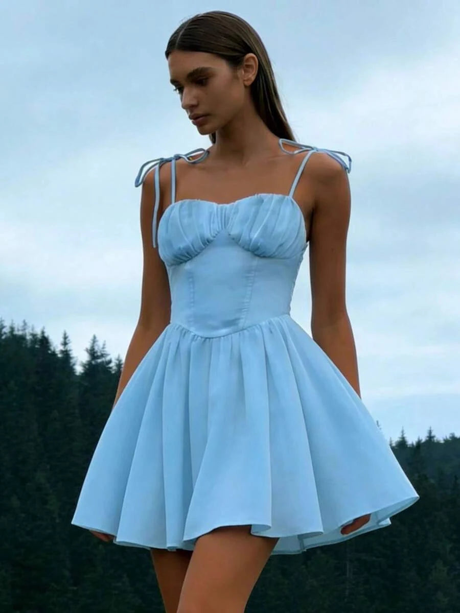 Charming A-Line Sweetheart Tie-Shoulder Ruched Sky Blue Mini Homecoming Dress