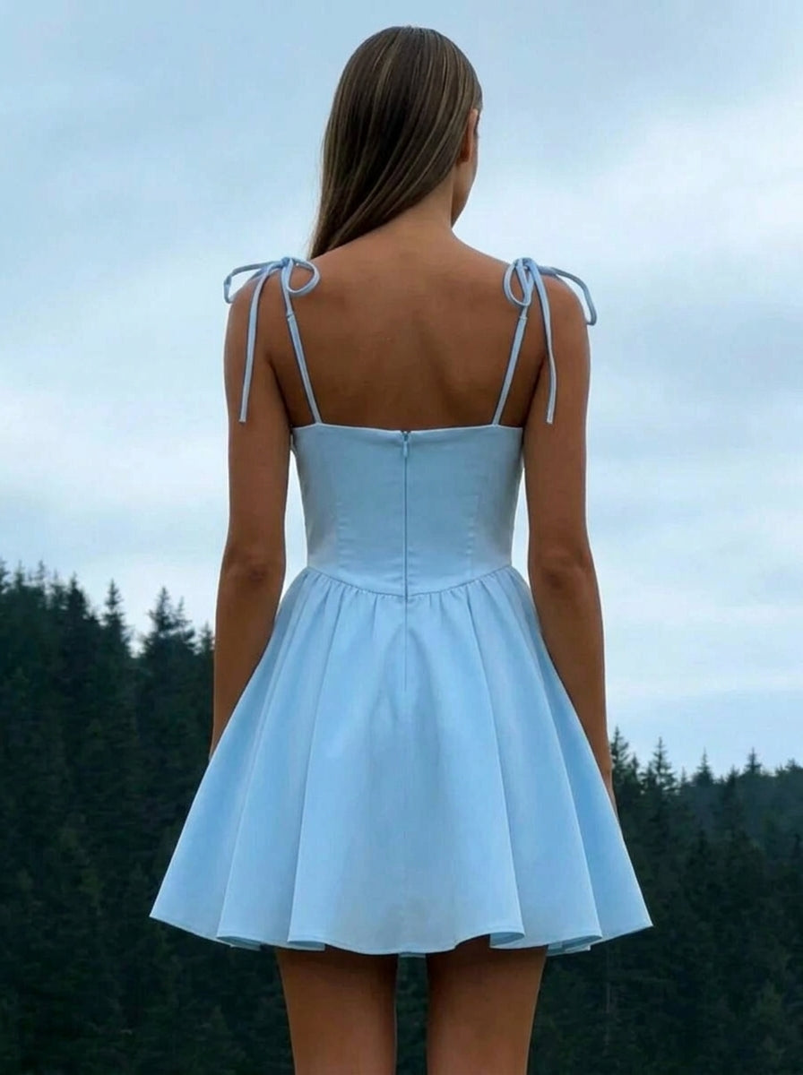 Charming A-Line Sweetheart Tie-Shoulder Ruched Sky Blue Mini Homecoming Dress