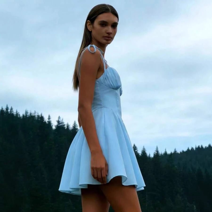 Charming A-Line Sweetheart Tie-Shoulder Ruched Sky Blue Mini Homecoming Dress