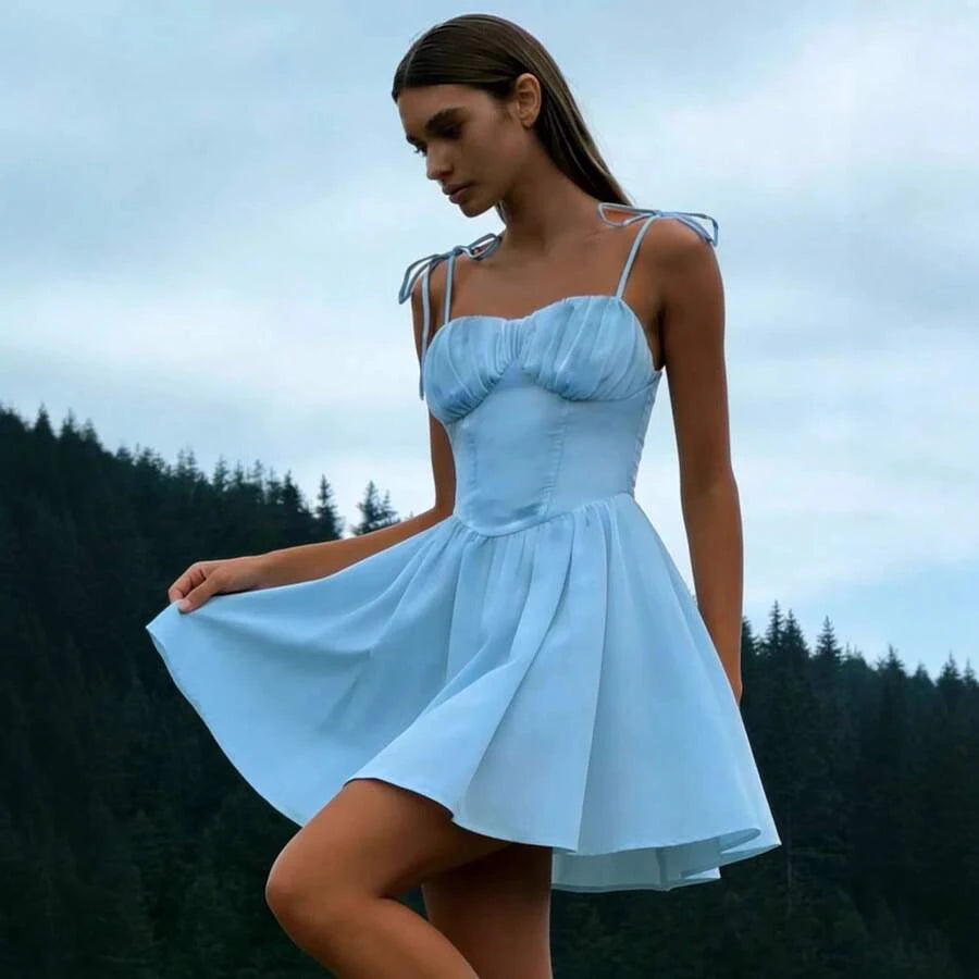 Charming A-Line Sweetheart Tie-Shoulder Ruched Sky Blue Mini Homecoming Dress