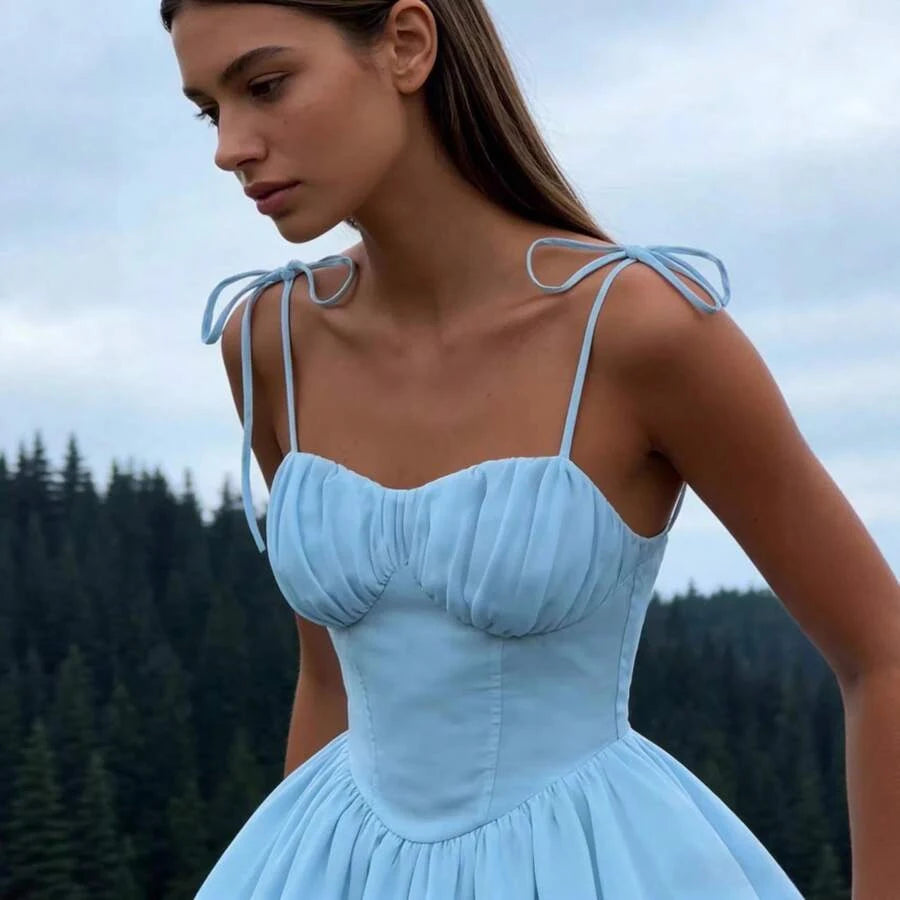 Charming A-Line Sweetheart Tie-Shoulder Ruched Sky Blue Mini Homecoming Dress