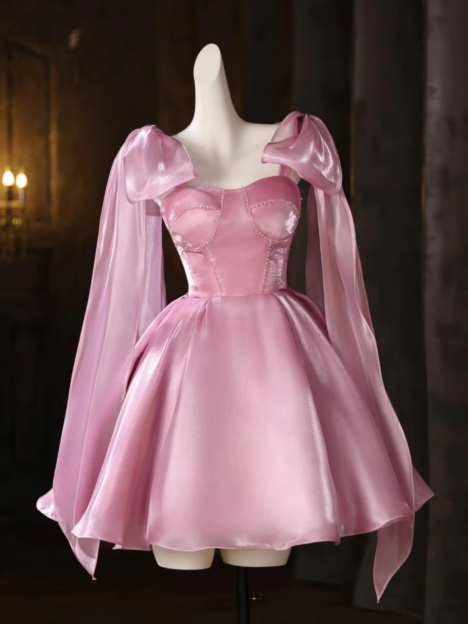 Charming A-Line Sweetheart Tie Shoulder Corset Beaded Pink Short Homecoming Dresses