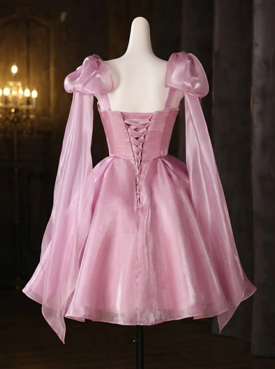 Charming A-Line Sweetheart Tie Shoulder Corset Beaded Pink Short Homecoming Dresses