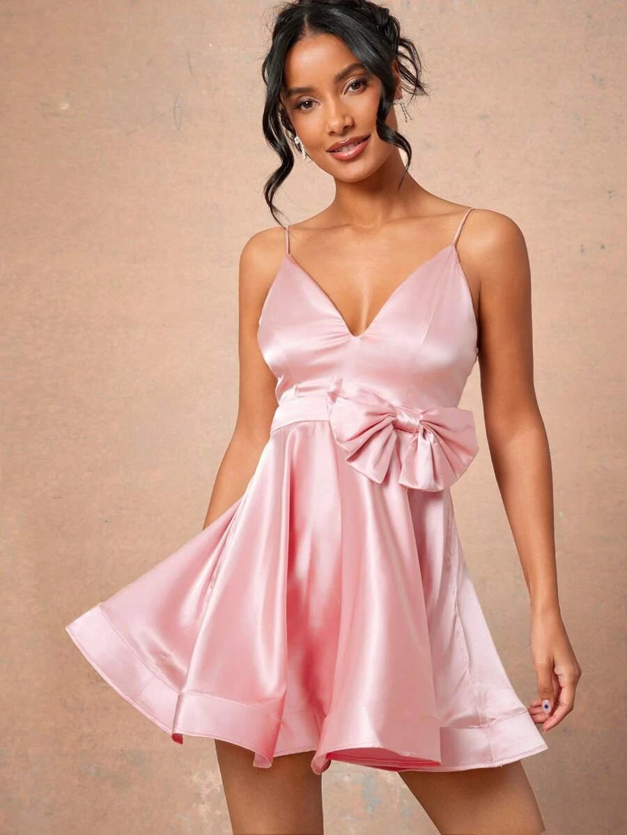 Charming A-Line V-Neck Bow Satin Pink Short Homecoming Dress For Ladies