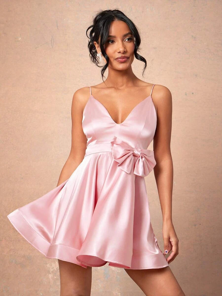Charming A-Line V-Neck Bow Satin Pink Short Homecoming Dress For Ladies