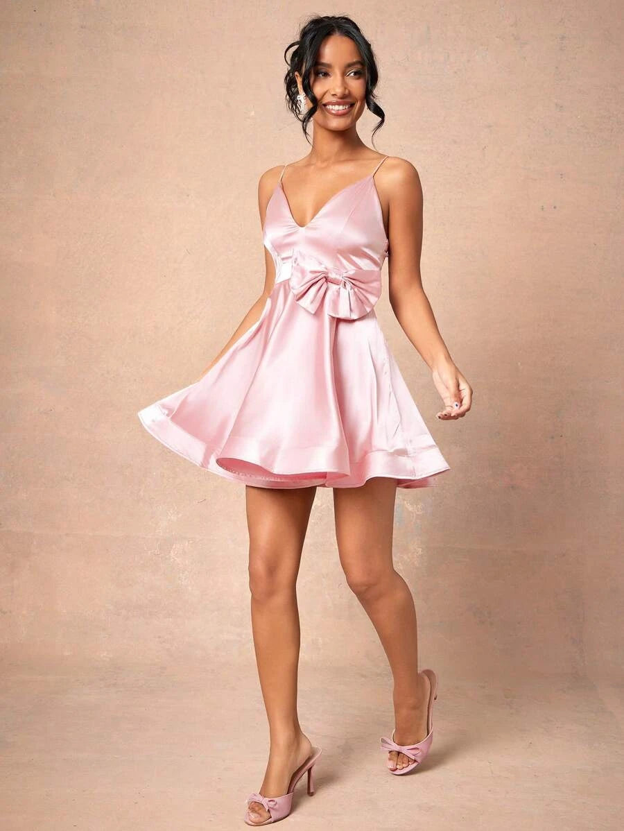 Charming A-Line V-Neck Bow Satin Pink Short Homecoming Dress For Ladies