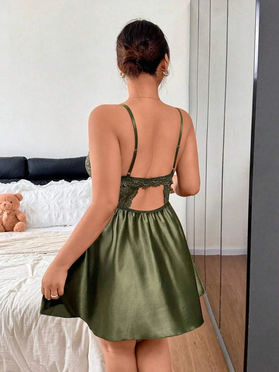 Charming A-Line V-Neck Lace Bodice Satin Skirt Olive Green Short Homecoming Dress