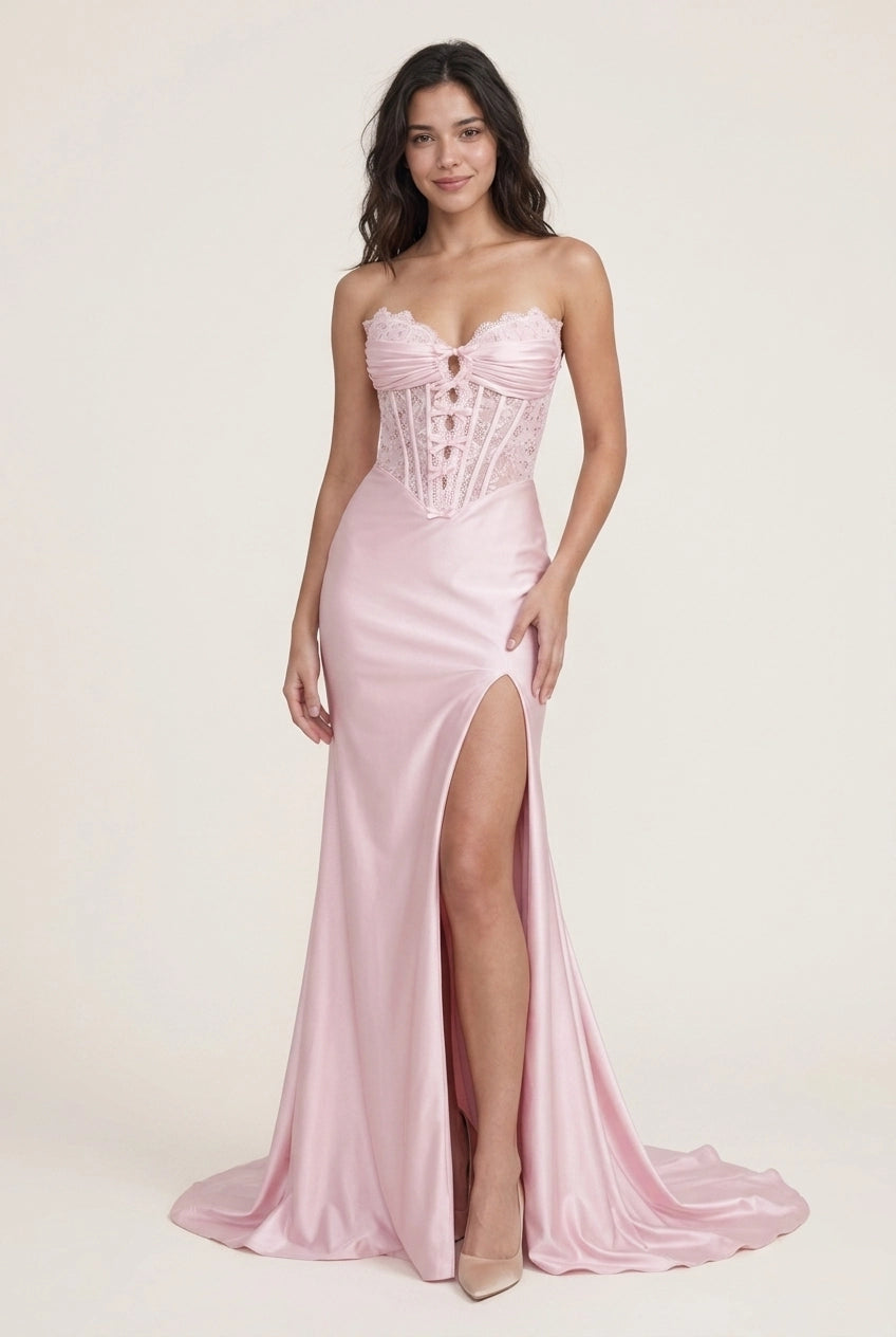 Charming Mermaid Sweetheart Corset High Slit Light Pink Floor-Length Prom Dress
