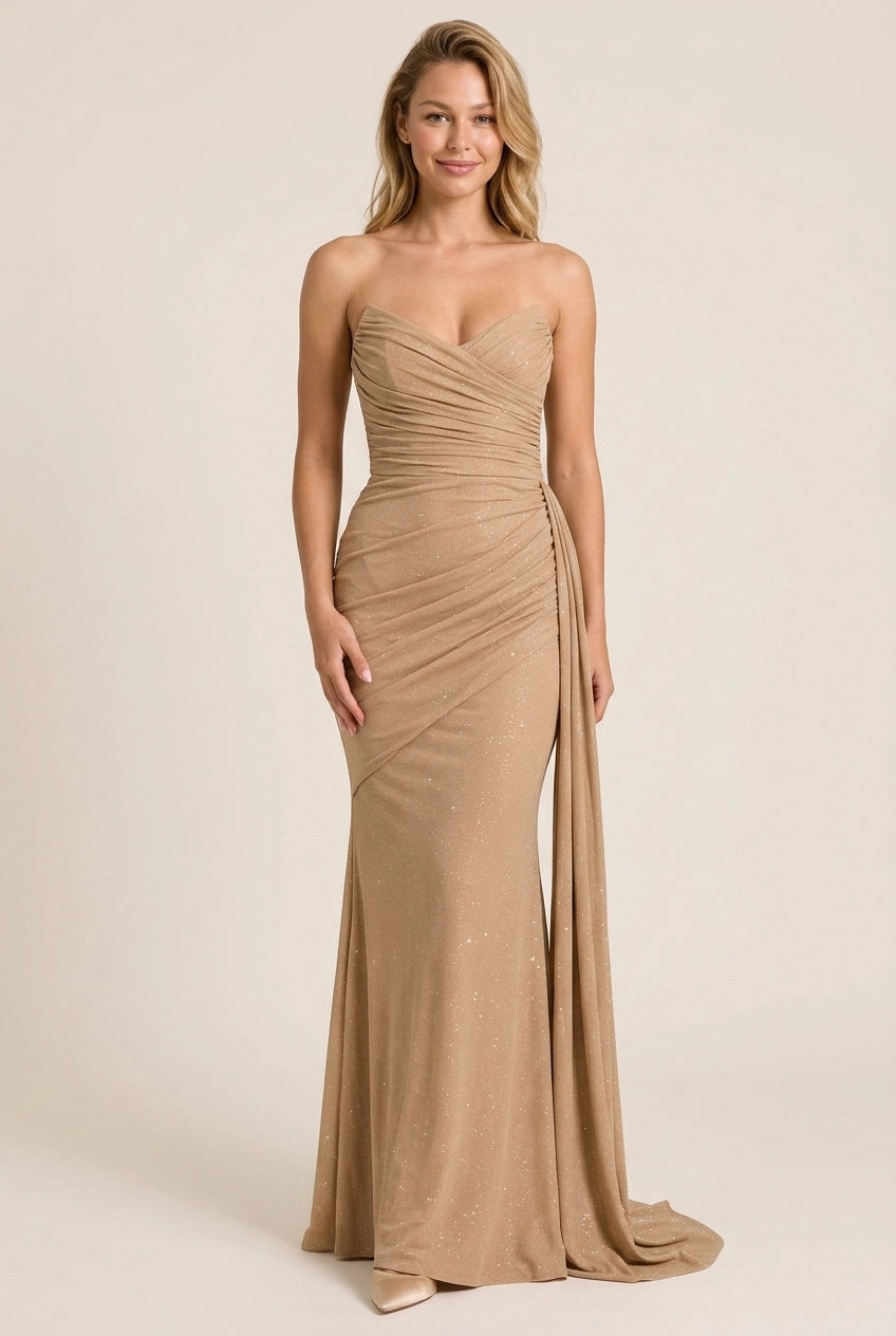 Charming Mermaid Sweetheart Ruched Draped Champagne Floor-Length Prom Dress
