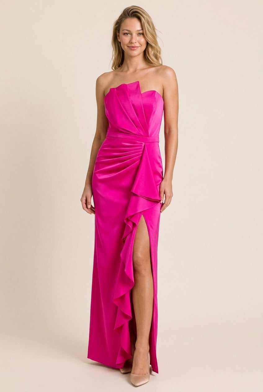 Charming Sheath Strapless Ruched Ruffle Slit Fuchsia Floor-Length Prom Dress