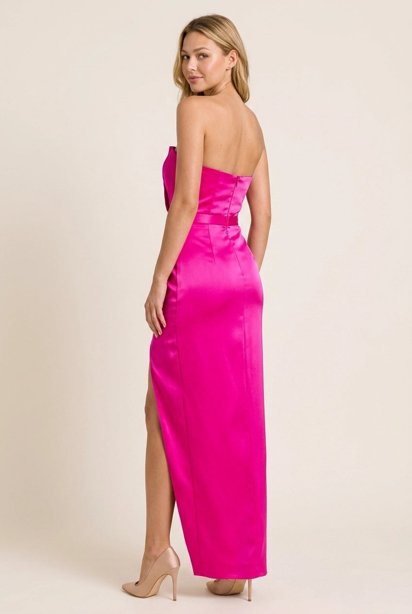 Charming Sheath Strapless Ruched Ruffle Slit Fuchsia Floor-Length Prom Dress