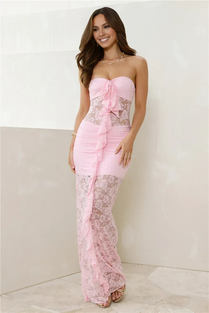 Charming Sheath Strapless Ruffled Lace Pink Floor-Length Prom Dress With Back Slit