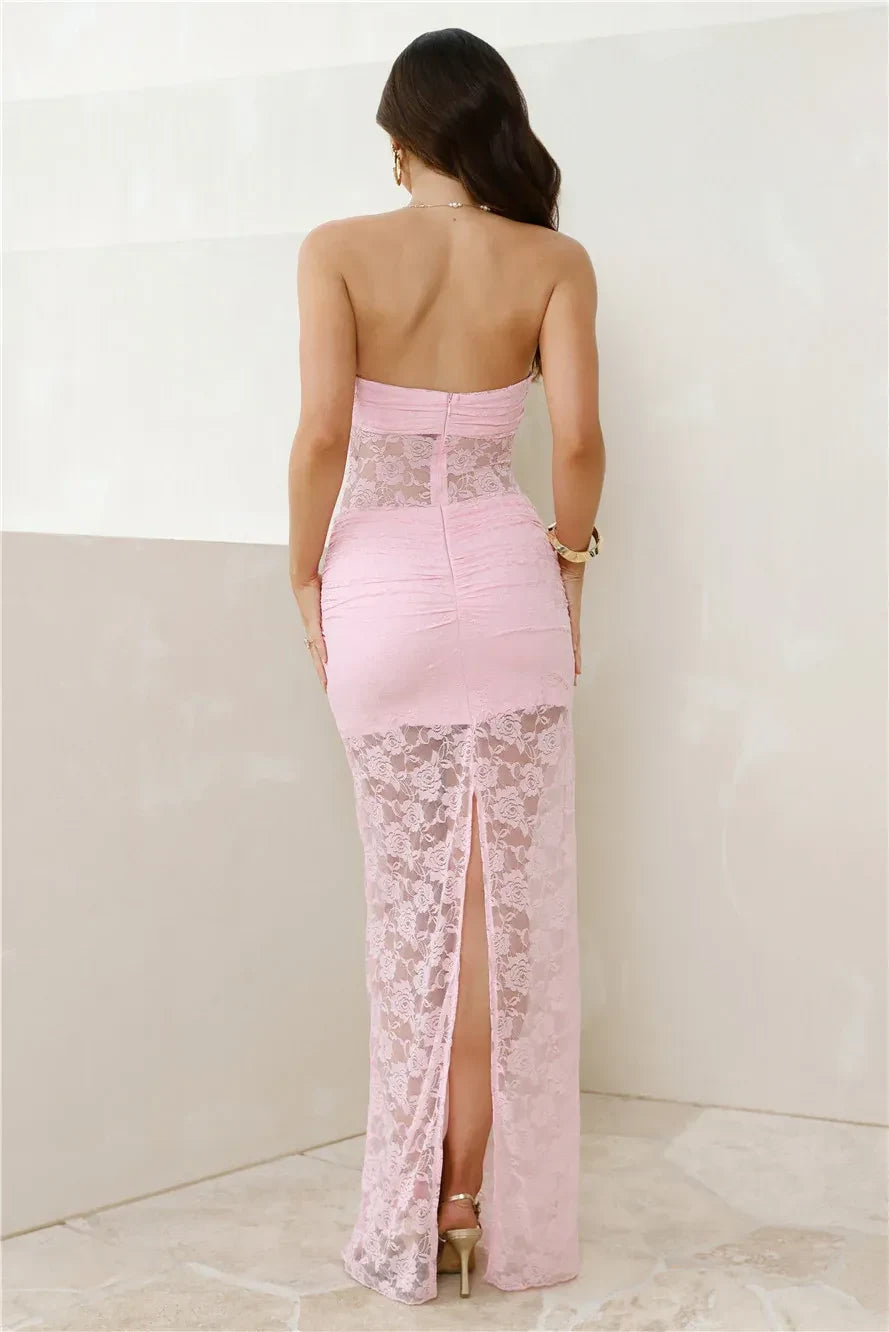 Charming Sheath Strapless Ruffled Lace Pink Floor-Length Prom Dress With Back Slit