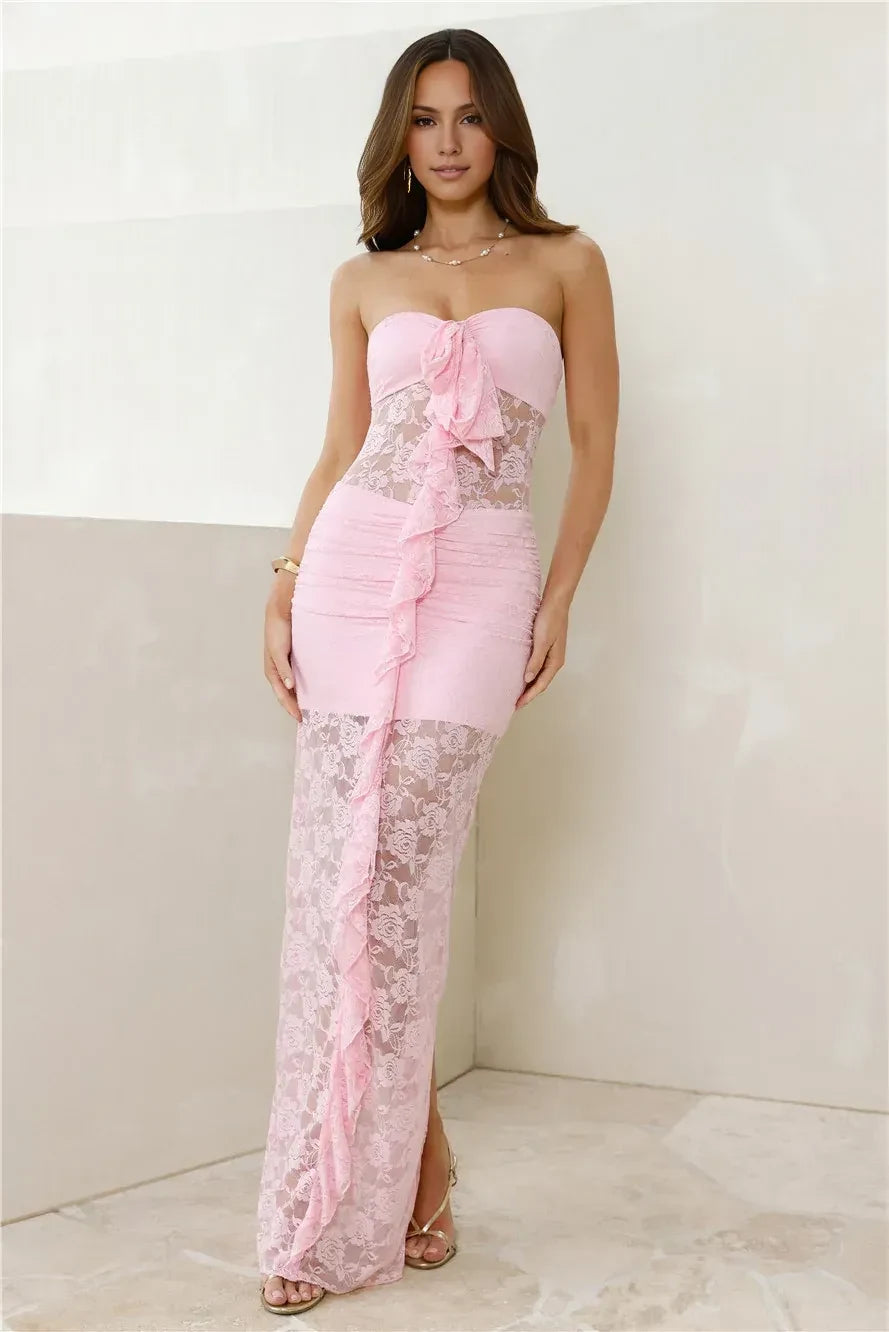Charming Sheath Strapless Ruffled Lace Pink Floor-Length Prom Dress With Back Slit