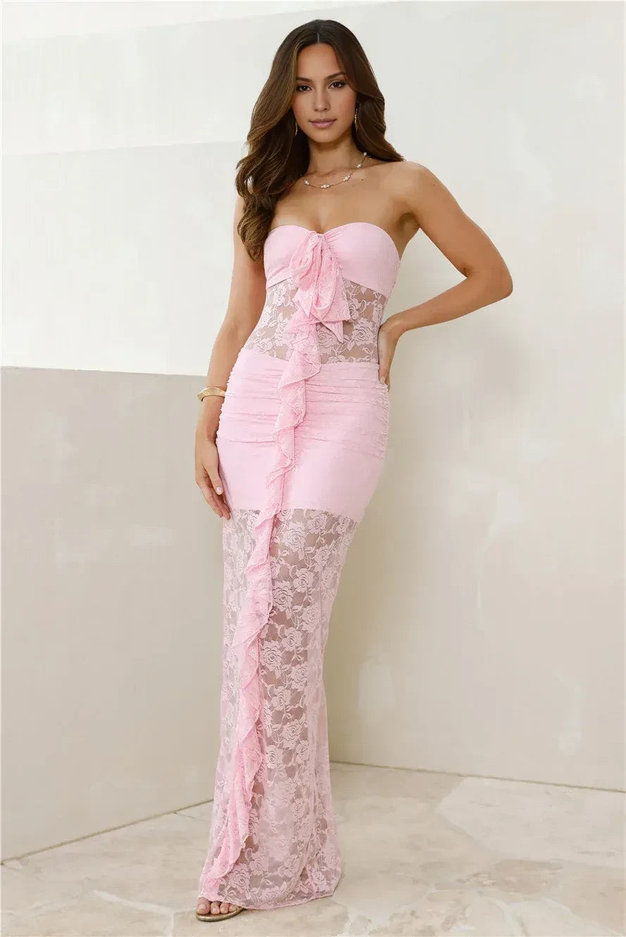 Charming Sheath Strapless Ruffled Lace Pink Floor-Length Prom Dress With Back Slit
