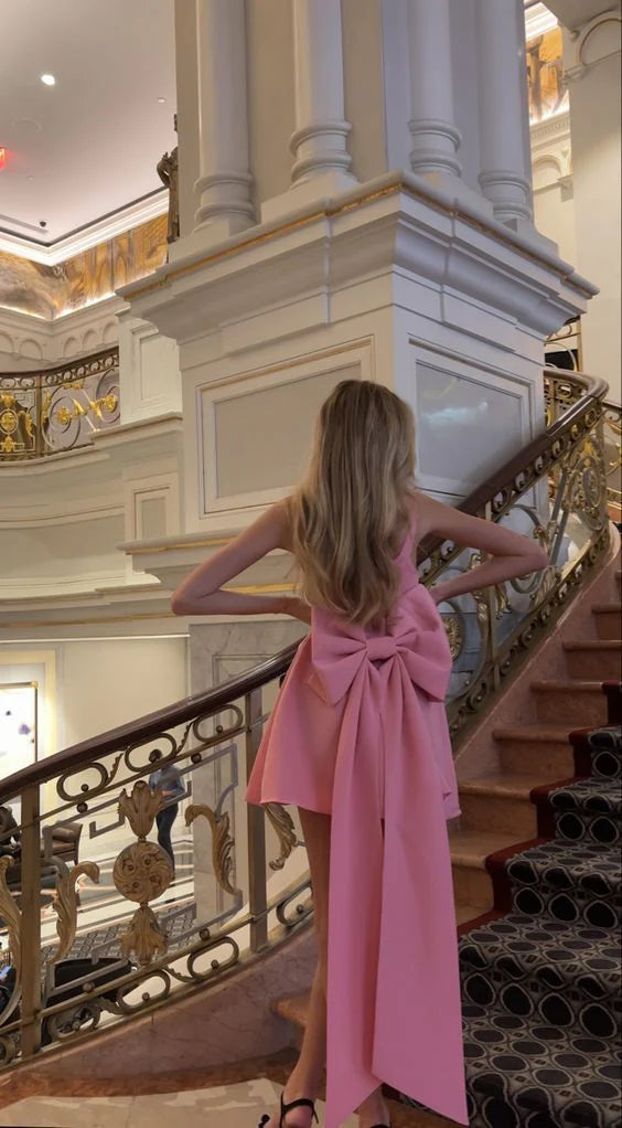 Another full-length view of the pink satin homecoming dress, perfect for special occasions.