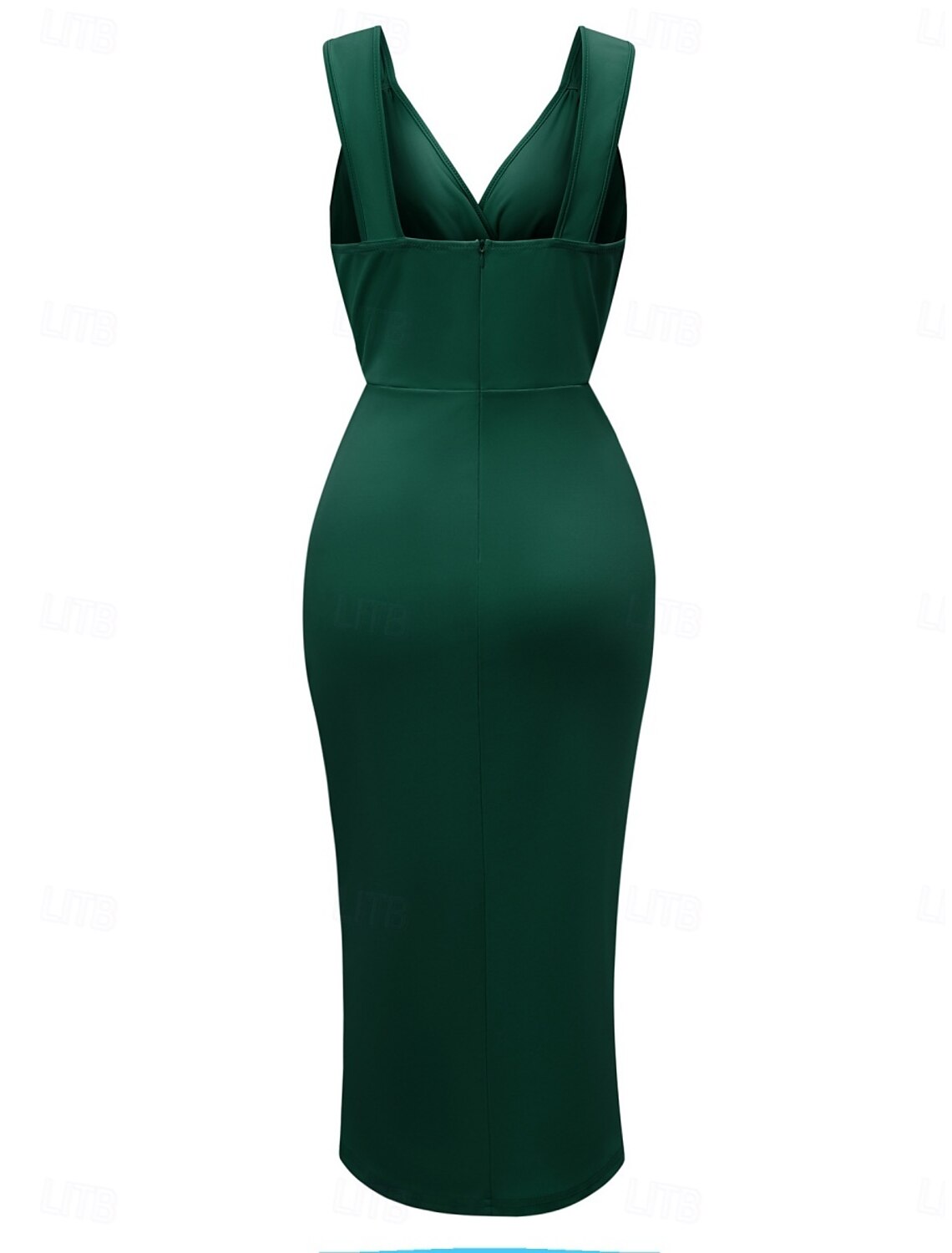 Woman in graphic print bodycon dress, another full view.