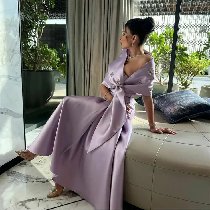 Elegant two-piece satin strapless evening dress.