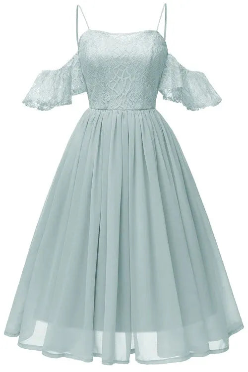 Chic A-Line Cold Shoulder Ruffle Lace Chiffon Sage Green Homecoming Dress