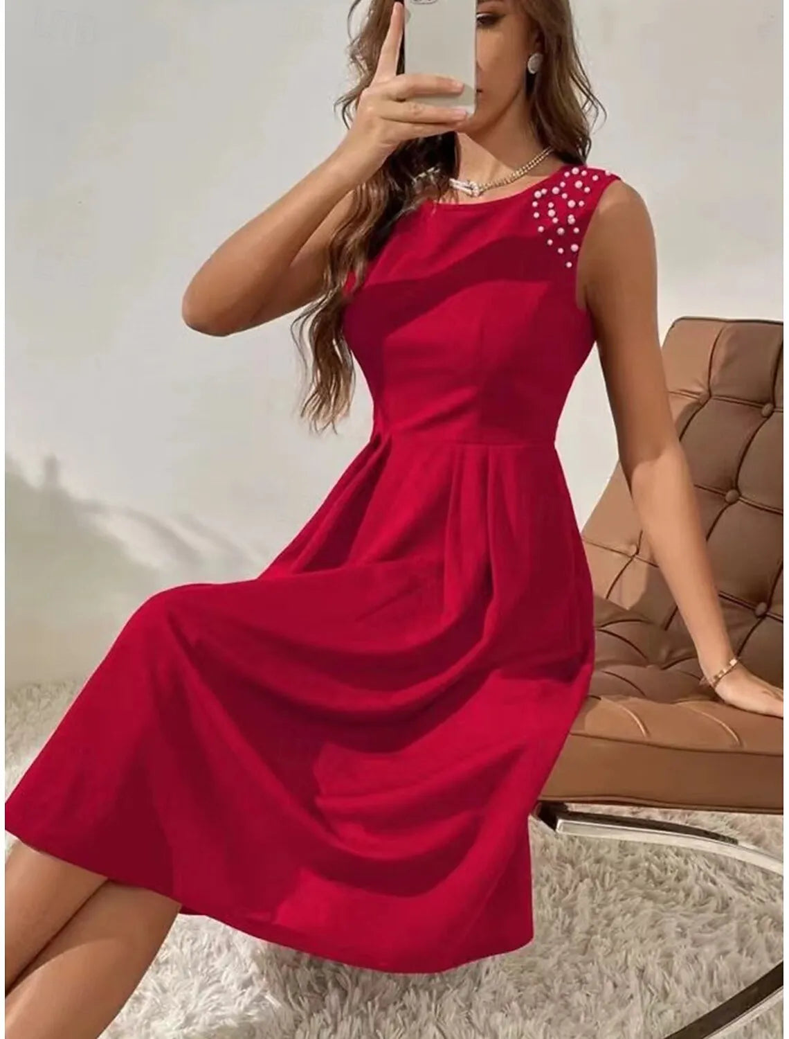 Chic A-Line Crew Neck Sleeveless Beaded Red Midi Prom Dress for Women Ready to Ship