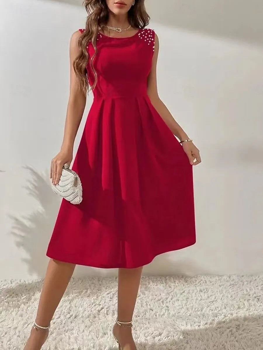 Chic A-Line Crew Neck Sleeveless Beaded Red Midi Prom Dress for Women Ready to Ship