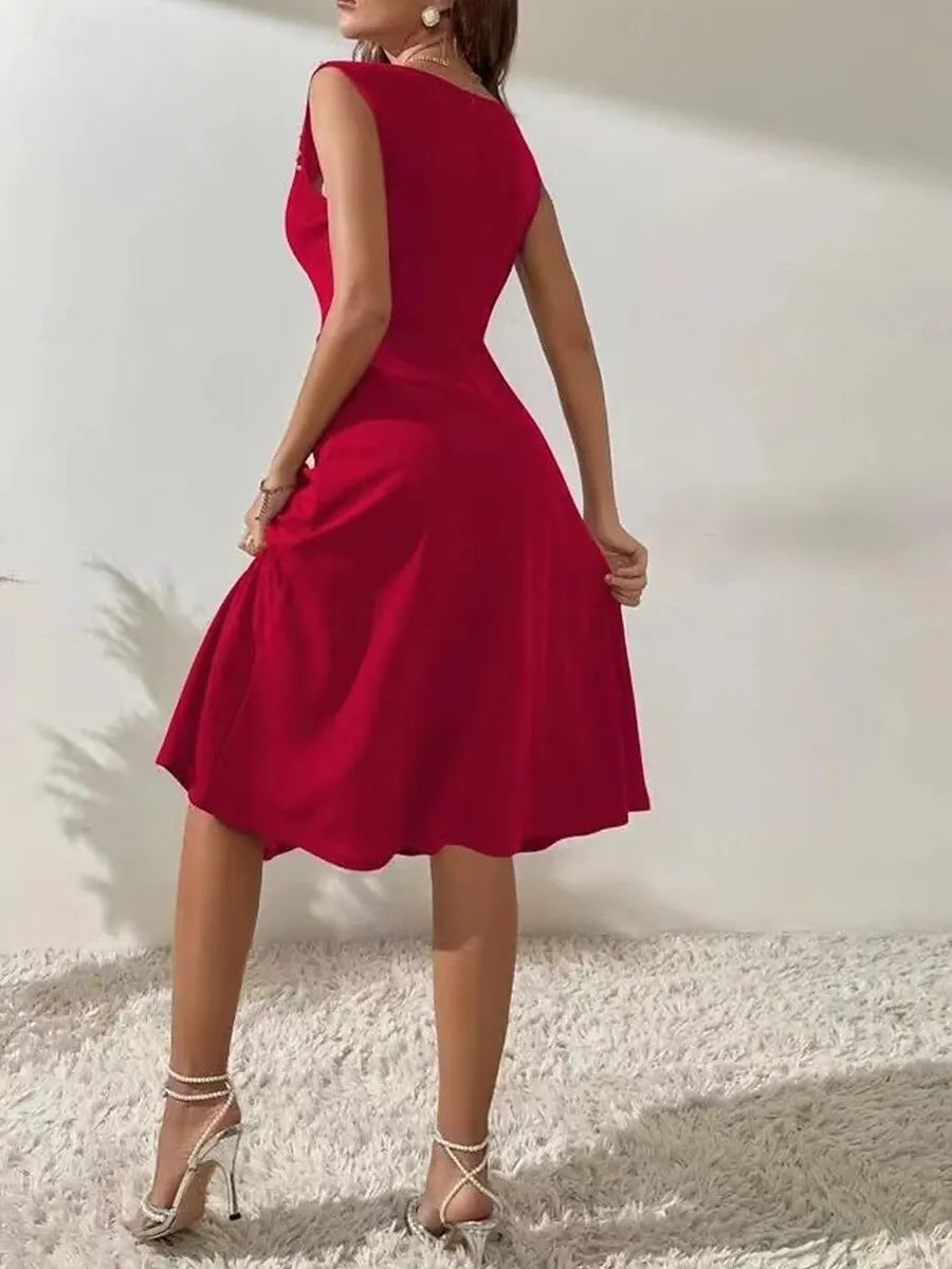 Chic A-Line Crew Neck Sleeveless Beaded Red Midi Prom Dress for Women Ready to Ship