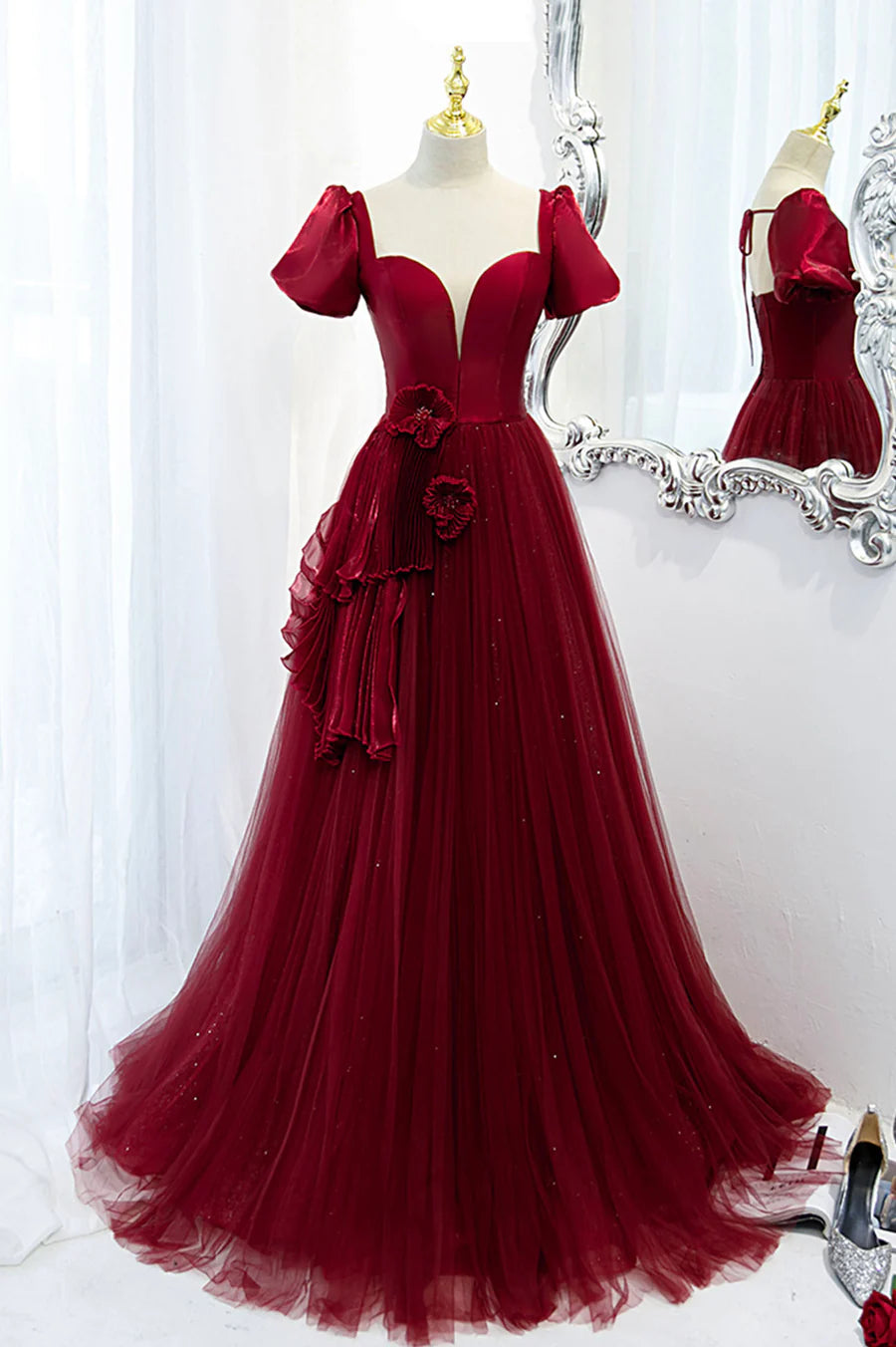 Chic A-Line Flowers Pleated Satin Tulle Burgundy Long Prom Dresses Evening Dresses