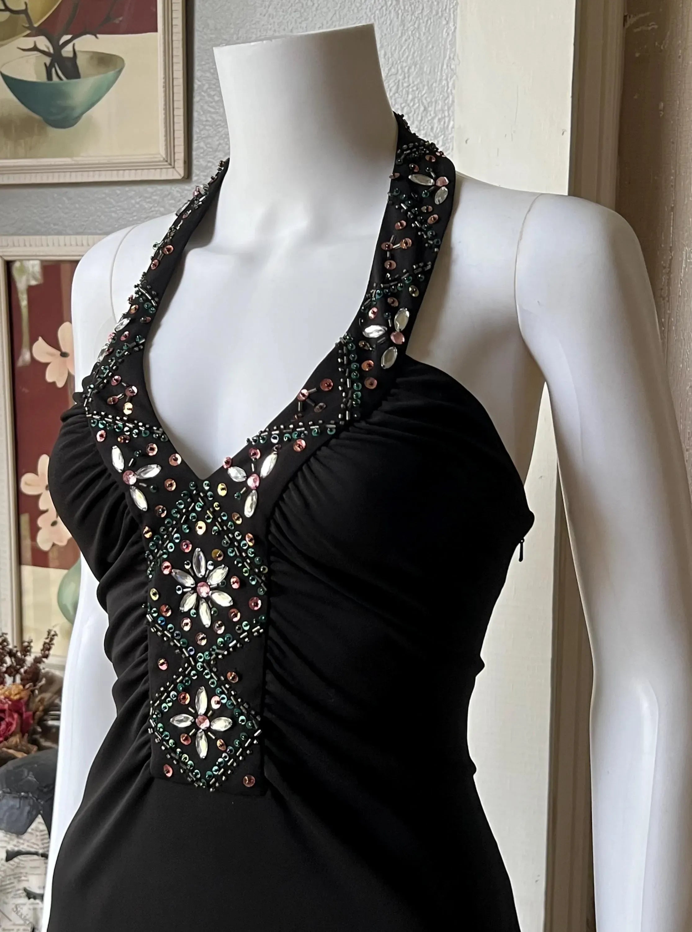 Chic A-Line Halter Neck Beaded Ruched Open Back Black Floor-Length Prom Dress