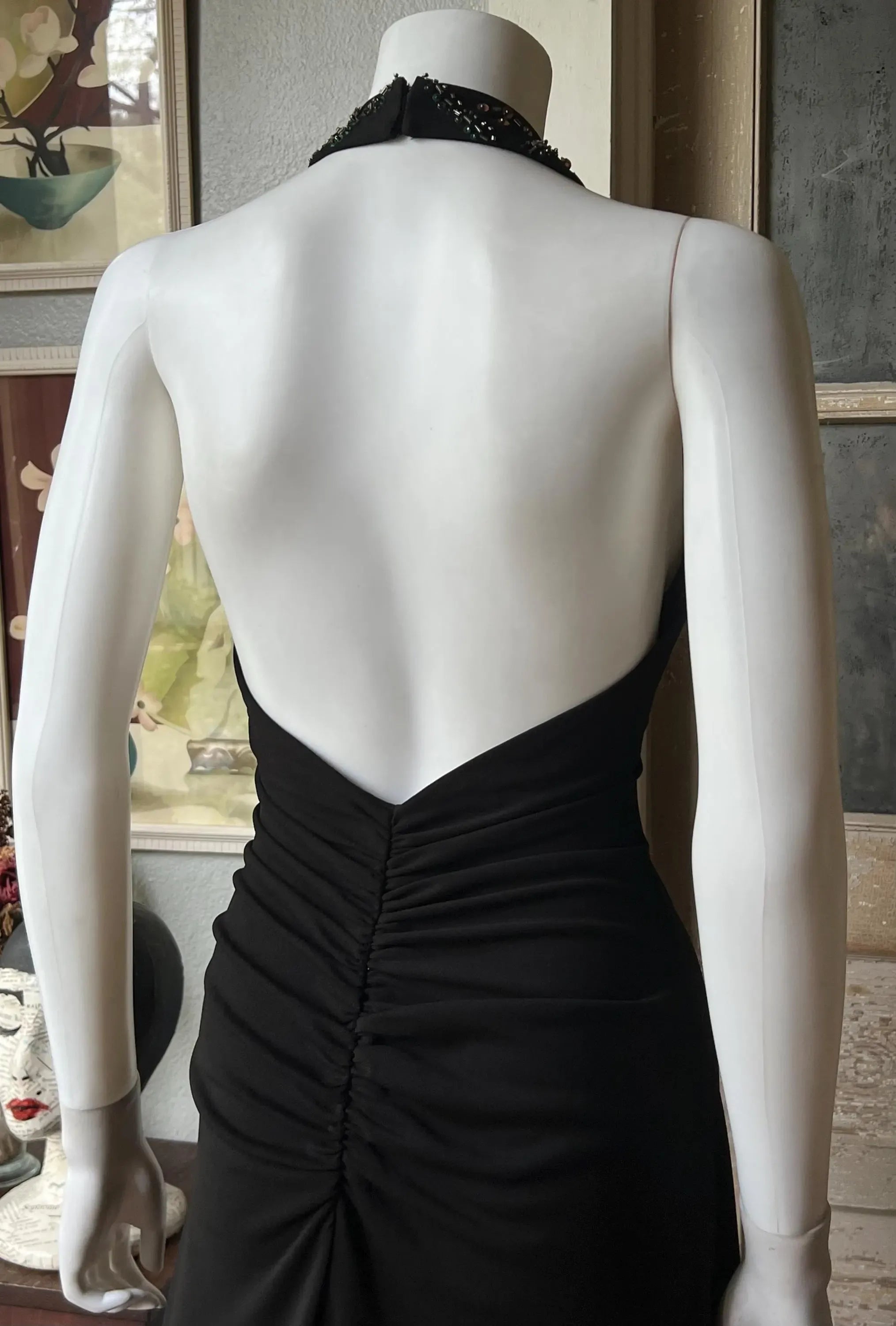 Chic A-Line Halter Neck Beaded Ruched Open Back Black Floor-Length Prom Dress