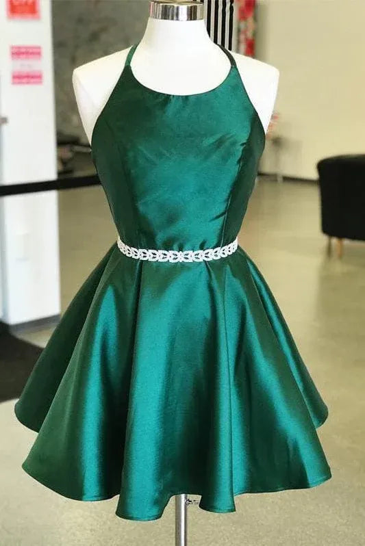 Chic A-Line Halter Ruffle Open Back Green Short Homecoming Dress With Beaded-Belt