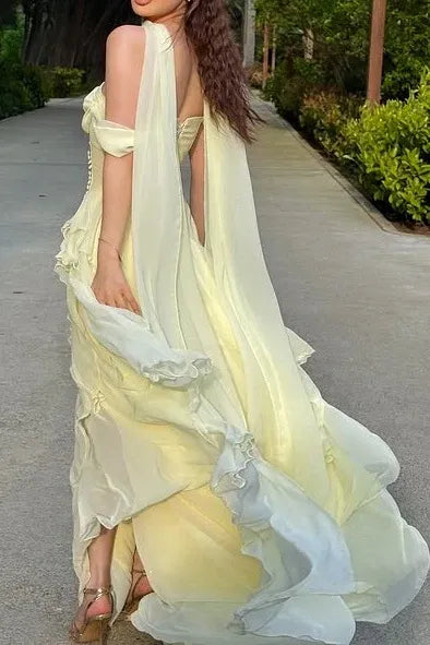 Chic A-Line Off-Shoulder Ruffled Button Yellow Floor-Length Prom Dress With Scarf