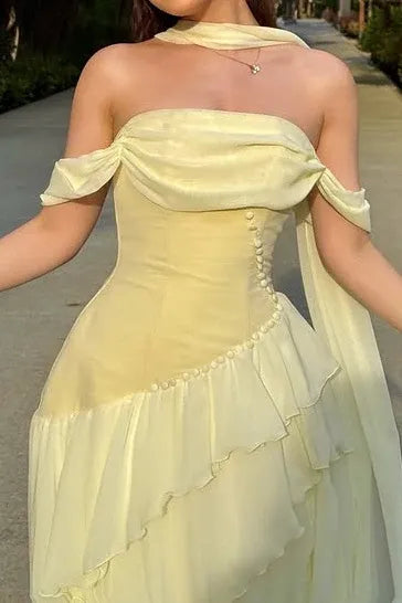 Chic A-Line Off-Shoulder Ruffled Button Yellow Floor-Length Prom Dress With Scarf
