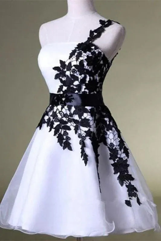 Chic A-Line One-Shoulder Lace-Up White Short Homecoming Dress With Appliques