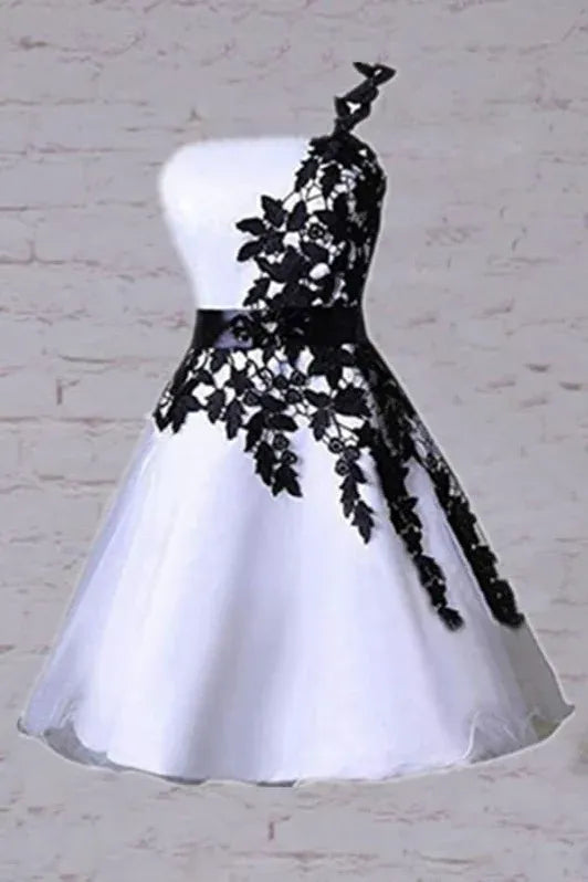 Chic A-Line One-Shoulder Lace-Up White Short Homecoming Dress With Appliques