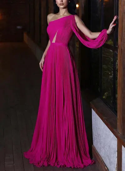 Chic A-Line One-Shoulder Pleated Chiffon Fuchsia Floor-Length Prom Dress