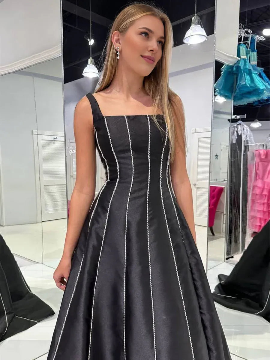 Chic A-Line Square Neck Beaded Satin Black Floor-Length Evening Dress