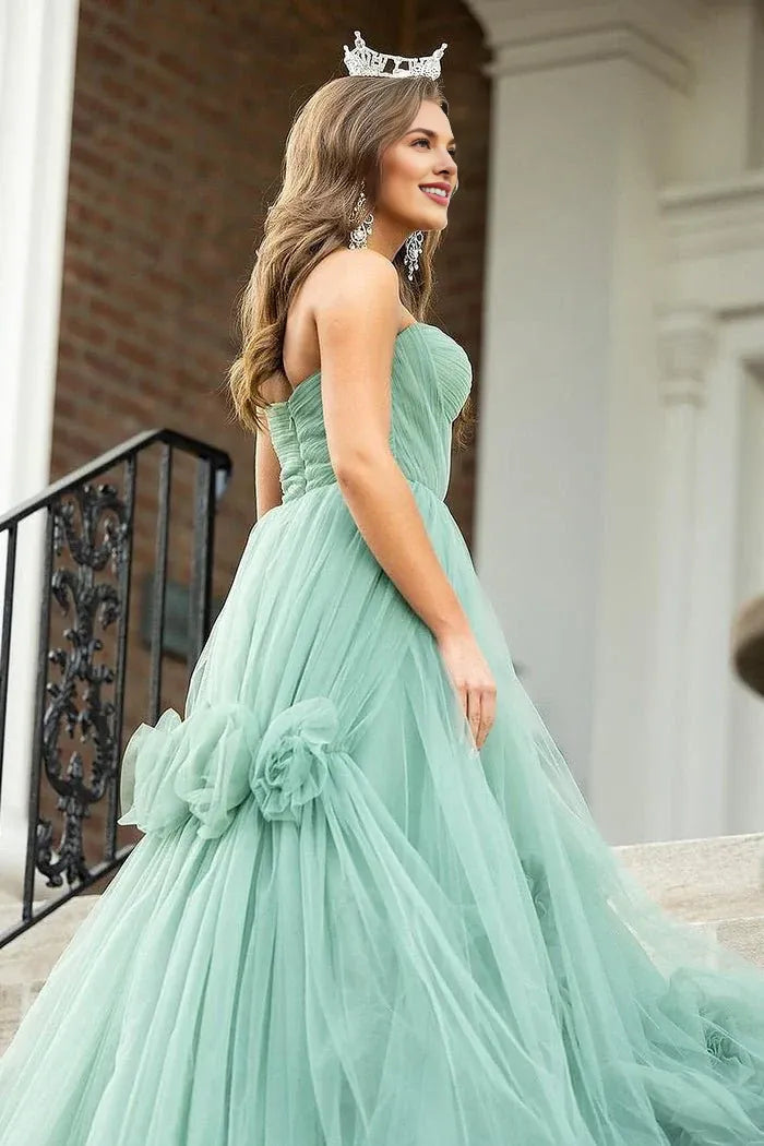 Chic A-Line Strapless 3D Flowers Pleated Tulle Green Long Prom Dress
