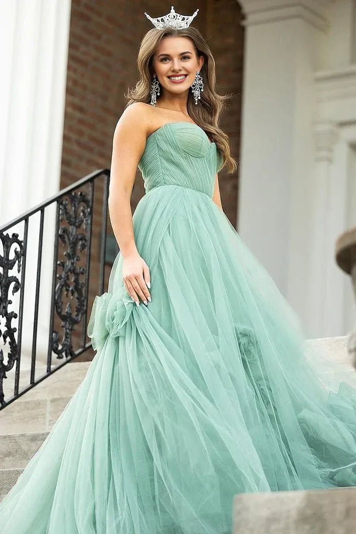 Chic A-Line Strapless 3D Flowers Pleated Tulle Green Long Prom Dress