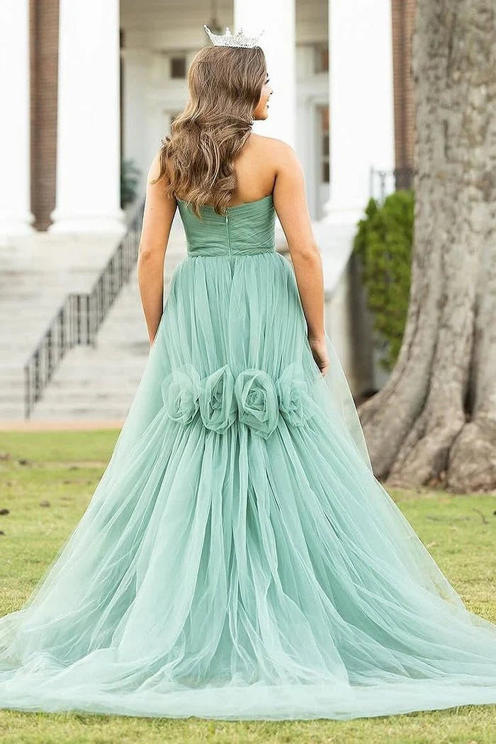 Chic A-Line Strapless 3D Flowers Pleated Tulle Green Long Prom Dress