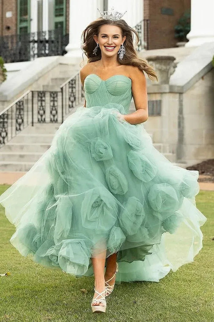 Chic A-Line Strapless 3D Flowers Pleated Tulle Green Long Prom Dress